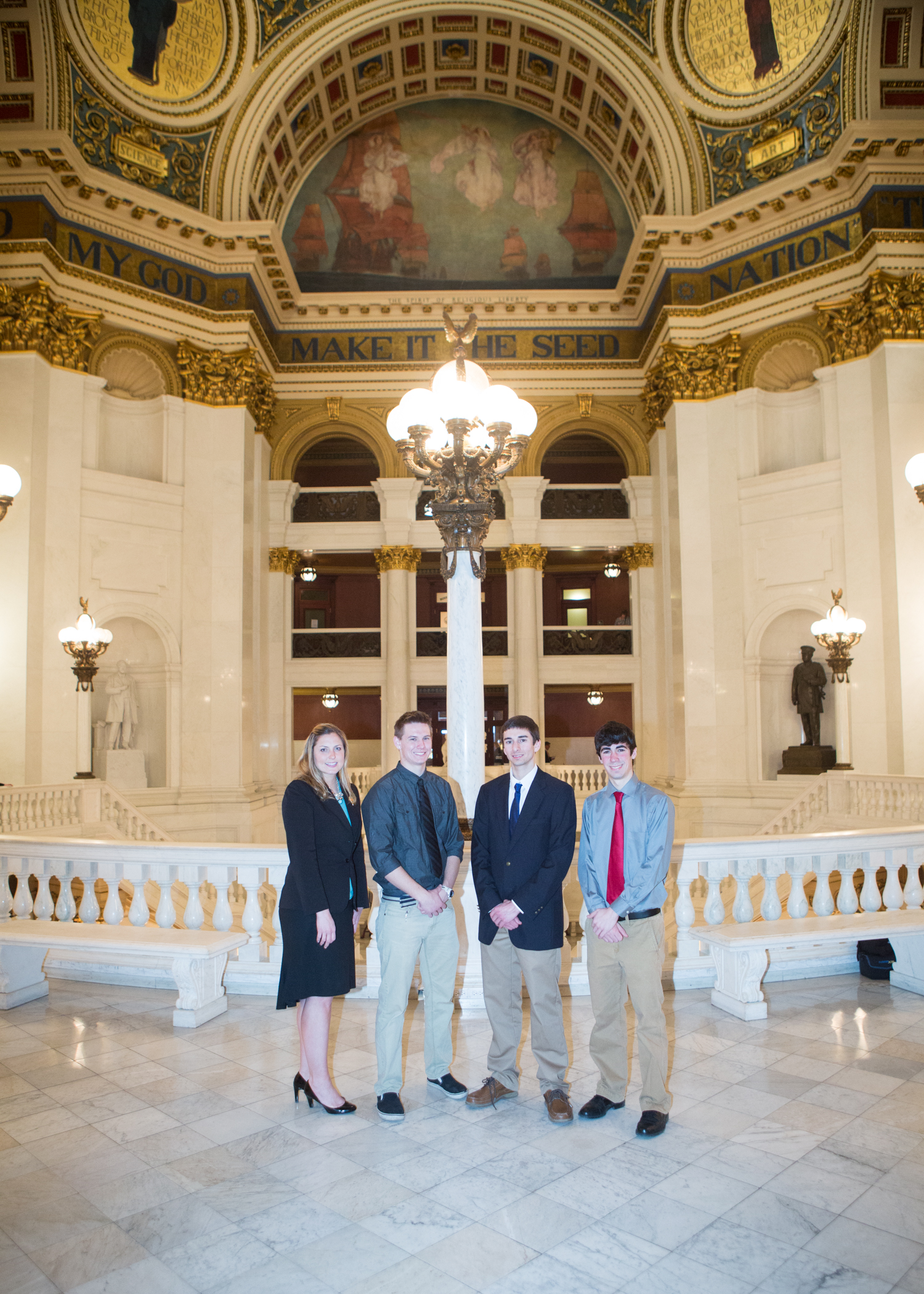 State Representative Tarah Toohil met with Penn State Hazleton students, from left, Charles Ziegmont, Robert Vitagliano and Mauro Notaro.