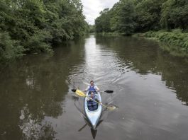 Two adults in a white kayak paddle down the middle of the Delaware River with lush greenery to either side.